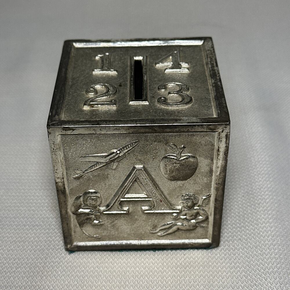 Leonard 3" ABC Building Block Cube Coin Bank Silver Plate Metal Vintage